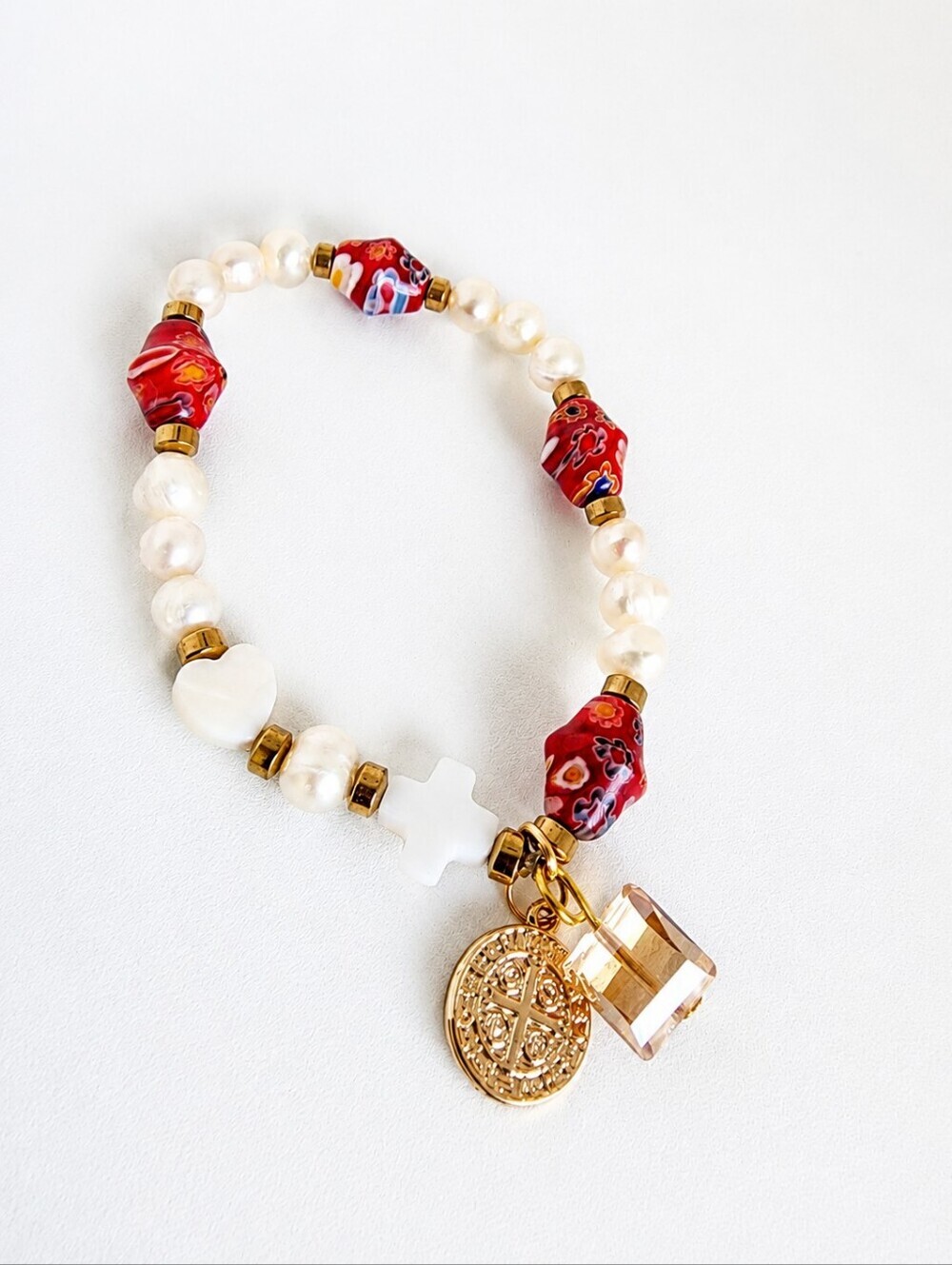 Baroque Freshwater Pearl Millefiori Charm Bracelet Gold Tone